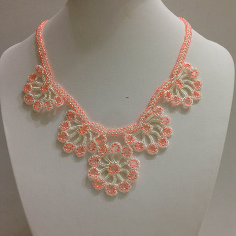 Salmon Pink Bead with White Thread - Choker Necklace with Crocheted Bead Flower Oya