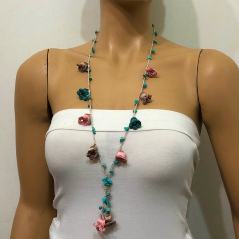 Pink Beige and Teal Crochet oya TULIP lace necklace with turquoise stones