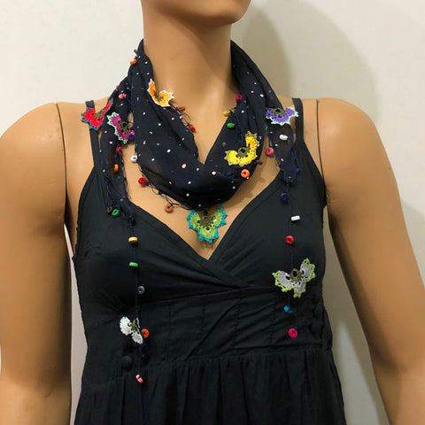 Navy Triangle Scarf with Sparkling Spangles and Handmade Oya Lace Flowers