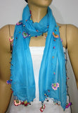 Crocheted TURQUOISE scarf with handmade multi color oya flowers - Turquoise scarf - Beaded Scarf - Crochet Beaded Scarf