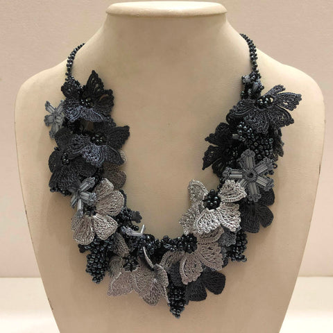 Silver and Charcoal Grey Bouquet Necklace - Crochet OYA Lace Necklace