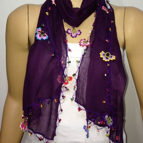 Crocheted PURPLE scarf with handmade multi color oya flowers- Beaded Scarf - Crochet Beaded Scarf