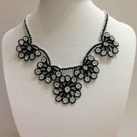 Black with White Beads - Choker Necklace with Crocheted Bead Flower Oya