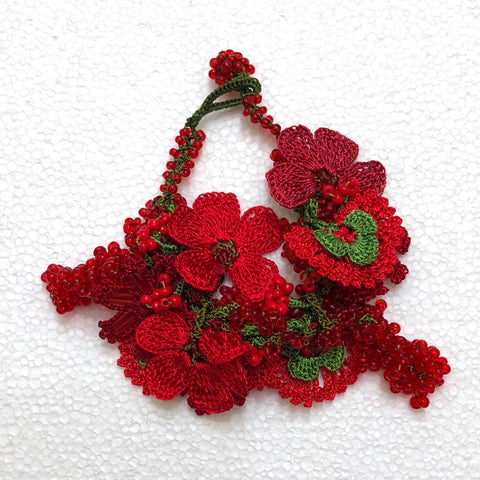 Red and Green Christmas Bouquet Bracelet with Red Grapes - Crochet OYA Lace Bracelet