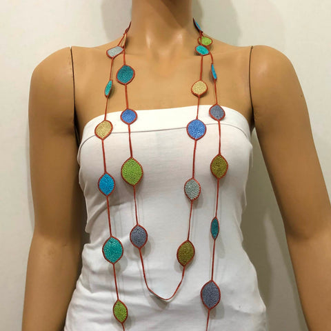 180010 Blue Green with Brown strand Leaf Necklace - Oya Drop Necklaces - Oval Leaf Necklace