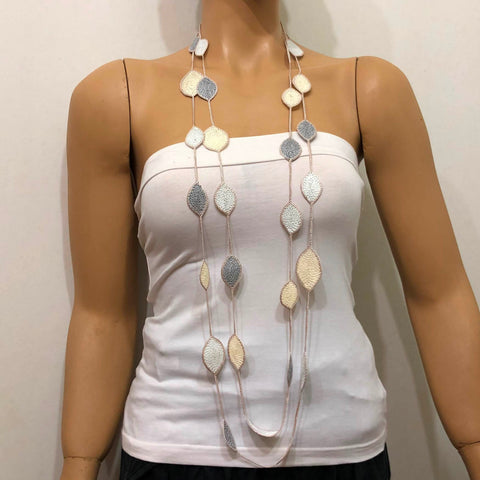 180012 Neutral Beige Leaf Necklace - Oya Drop Necklaces - Oval Leaf Necklace