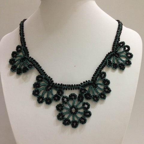 TEAL with Black Beads - Choker Necklace with Crocheted Bead Flower Oya