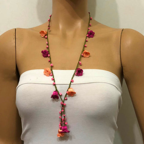 Orange and Pink Crochet oya TULIP lace necklace with pink stones