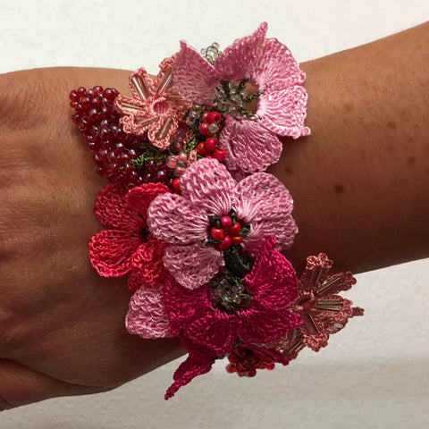 Hot Pink Bouquet Bracelet with Red Grapes - Crochet OYA Lace Bracelet