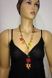 10.17.13 Yellow Orange Red Crochet beaded flower lariat necklace with Agate Stones