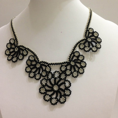 Black with Off White Beads - Choker Necklace with Crocheted Bead Flower Oya