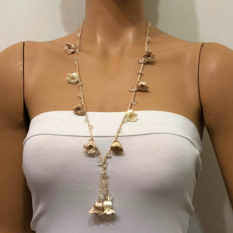 Taupe Beige and Cream white Crochet oya TULIP lace necklace with stones