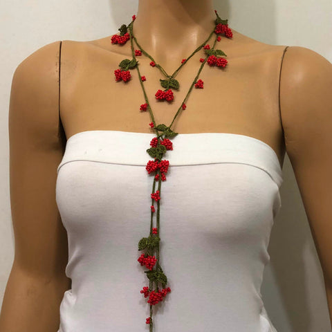 CORAL Red Crochet berries cherry bead oya Lariat Necklace - Red Cherry Crocheted Necklace