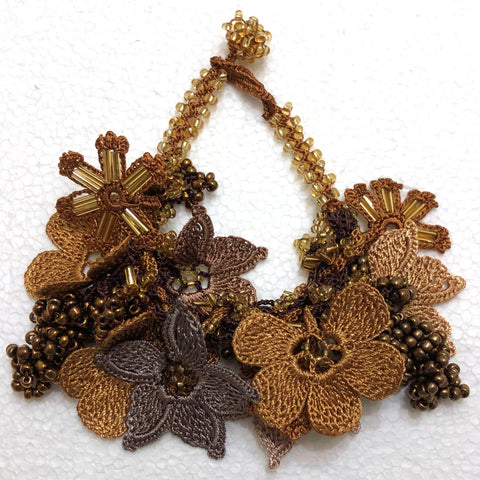 Golden Yellow and ,Brown Bouquet Bracelet with Copper Grapes- Crochet OYA Lace Bracelet