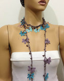 Blue,Aqua Green,Lilac,Sand,Grey Crochet Necklace - Beaded lariat - Crochet oya lace Necklace