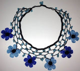 BLUE and NAVY Daisy Choker Necklace with Crocheted Flower and semi precious Turquoise Stones