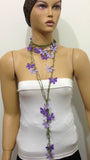 Lilac and Purple Crochet Necklace - Beaded lariat - Crochet oya lace Necklace