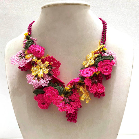 Fuchsia Pink and Yellow Bouquet Necklace - Crochet OYA Lace Necklace