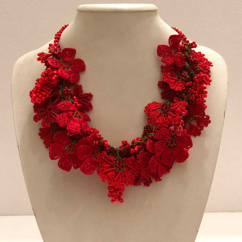 Pomegranate RED with Coral Grapes - Crochet OYA Lace Necklace