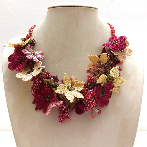 Sour Cherry Pink and Cream Bouquet Necklace - Crochet OYA Lace Necklace