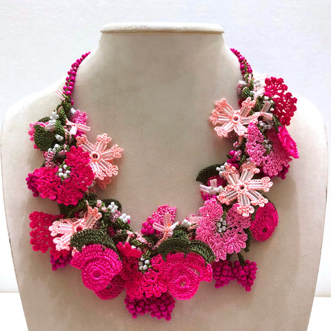 Pink and Fucshia Bouquet Necklace with Fucshia Cherries - Crochet OYA Lace Necklace