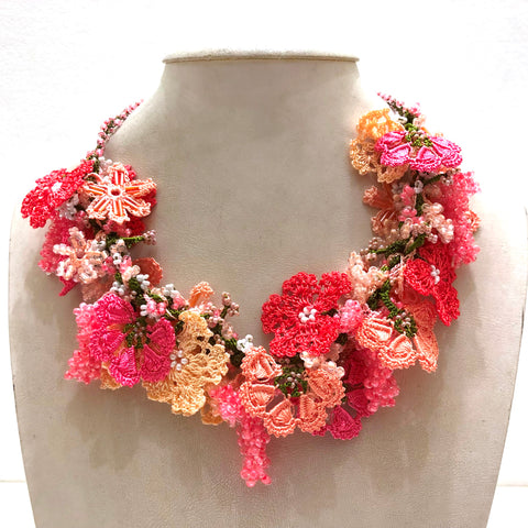 Pink Salmon Yellow Bouquet Necklace with Pink Grapes - Crochet OYA Lace Necklace