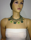 GREEN Choker Necklace with Crocheted Flower and semi precious Jade Stones - pistachio green