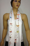 Crocheted SNOW WHITE scarf with handmade multi color oya flowers - White Scarf - Beaded Scarf - Crochet Beaded Scarf