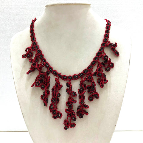 Burgundy Red with Black Beads - Cappadocia Choker Necklace with Dangling Crocheted Bead Flower Oya