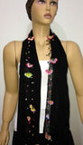 Crocheted BLACK scarf with handmade multi color oya flowers - Black Scarf - Beaded Scarf - Crochet Beaded Scarf
