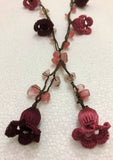 Pink and Plump Purple Crochet oya TULIP lace necklace with pink rose Quartz stones