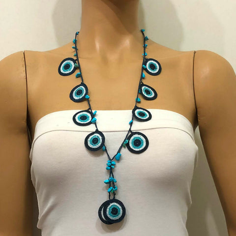 Evil Eye Tied Necklace with semi-precious Turquoise Stones - Turkish evil eye