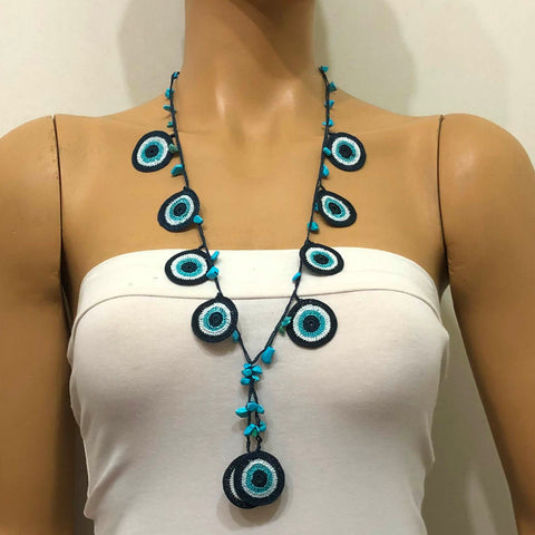 Evil Eye Tied Necklace with semi-precious Turquoise Stones - Turkish evil eye