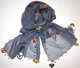 Cotton Scarf - Crocheted Light GREY scarf with handmade multi color oya flowers - GRAY Scarf - Beaded Scarf
