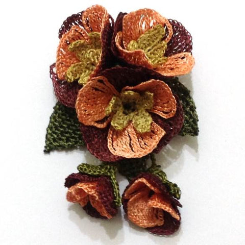 Salmon and Brown Hand Crocheted Brooch - Flower Pin- Unique Turkish Lace - Brooches Jewelry - Fabric Flower Brooch