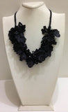 Black Bouquet Necklace with Charcoal Grey Beads - Crochet OYA Lace Necklace - Beaded Crochet Necklace - Mixed Flower - Hand crafted Necklace - Fiber Art