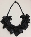 Black Bouquet Necklace with Charcoal Grey Beads - Crochet OYA Lace Necklace - Beaded Crochet Necklace - Mixed Flower - Hand crafted Necklace - Fiber Art