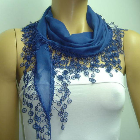 Indigo Blue fringed edge scarf - Scarf with Lace Fringe