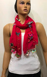 Crocheted BRIGHT Sour Cherry color scarf with handmade multi color oya flowers - Burgundy scarf - Beaded Scarf - Crochet Beaded Scarf
