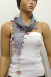 Light Gray Cotton Scarf with Crocheted flowers and multicolor beads