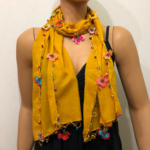 Yellow scarf with handmade multi color oya flowers - Mustard Yellow Beaded Scarf - Crochet Beaded Scarf