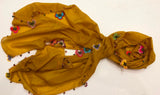 Yellow scarf with handmade multi color oya flowers - Mustard Yellow Beaded Scarf - Crochet Beaded Scarf