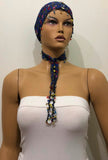 Blue Beaded Scarf Necklace with Red Flowers Printed - Handmade Crocheted Beaded Scarf - Indigo scarf bandana