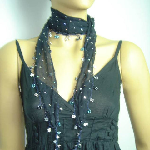 NAVY Handmade crocheted edged cotton oya scarf with sparkling spangles,shiny sequins, beads, and disks.