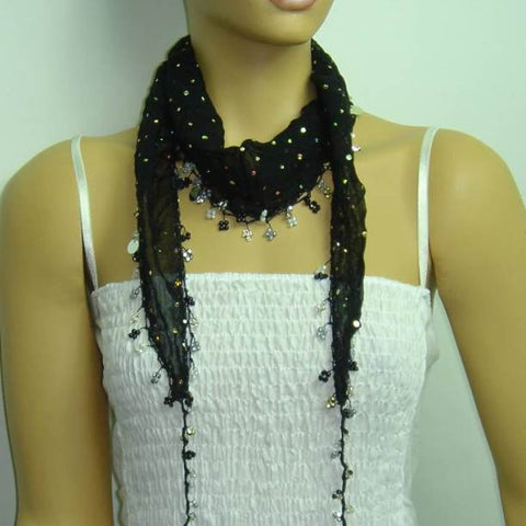BLACK Handmade crocheted edged cotton oya scarf with sparkling spangles,shiny sequins, beads, and disks.