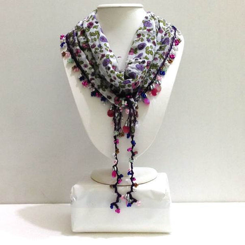 White Beaded Scarf Necklace with Purple Flowers Printed - Handmade Crocheted Beaded Scarf - White scarf bandana