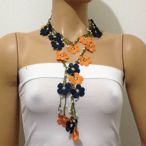 ORANGE and NAVY Crochet beaded flower lariat necklace with white beads