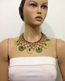 Green and Greenish Yellow Choker Necklace with Crocheted Flower and semi precious green Stones