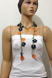 ORANGE and NAVY Crochet beaded flower lariat necklace with white beads