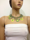 Green and Lemon Yellow Choker Necklace with Crocheted Flower and semi precious green Stones
